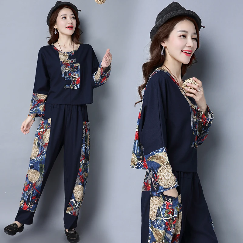 Женский костюм из хлопка и льна укороченный топ брюки с цветочным принтом