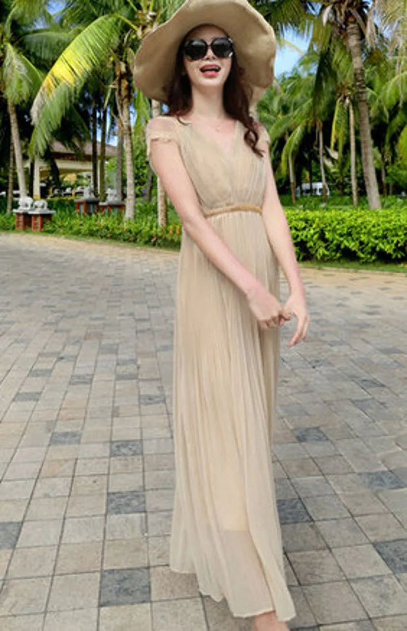 

New Simple A-Line Dress Short sleeve V-Neck Sash Celebrity Dress Pleat Ankle-Length Vestido Longo Can Be Custom Made Party Dress