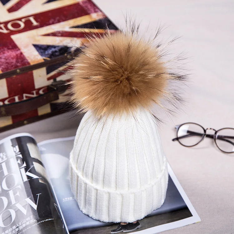 baby mink and fox fur ball cap pom poms winter hat for girl 's knitted beanies brand new thick female | Детская одежда и обувь