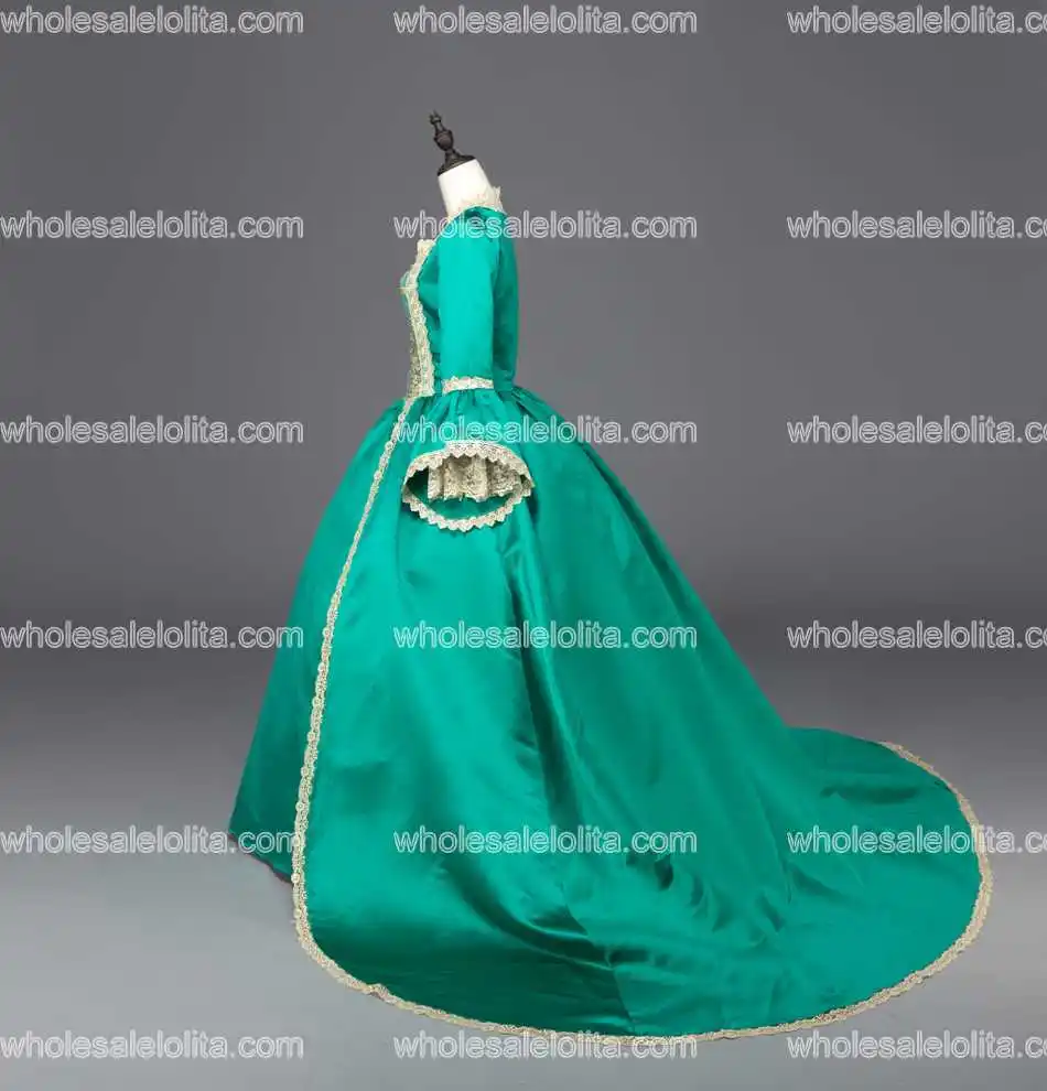 Зеленое платье Марии Антуанетты бальное эпохи Возрождения со шлейфом