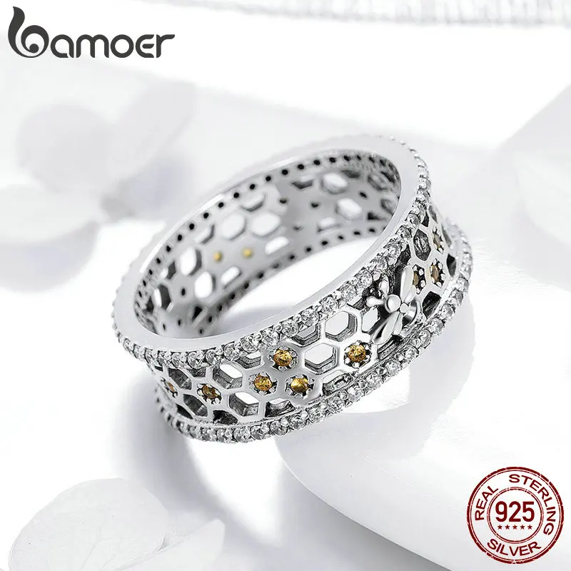 BAMOER, Настоящее серебро 925 пробы, трендовые пчелы и соты, прозрачные CZ кольца на палец, обручальные ювелирные изделия, подарок SCR391