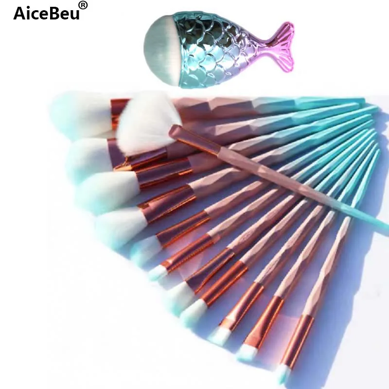 AiceBeu 7/10/12PCS Diamond Macaron Makeup Brushes Foundation Eyebrow Eyeliner maquillaje with 1PC Mermaid Fish brush - купить по