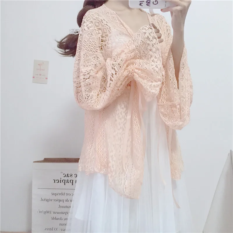 Японский стиль милые женские свободные рубашки с бантом на шнуровке Mori Girl Kawaii Lolita Солнцезащитный кардиган