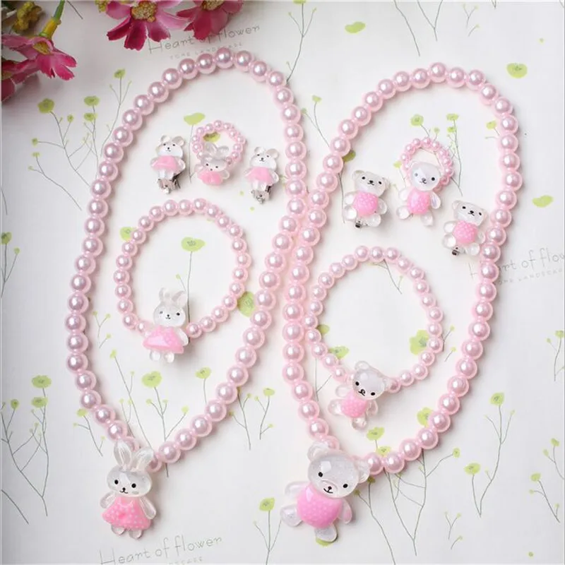 3Pcs/set Cute Kids Rabbit Pearl Necklace Bracelet Earrings Elastic Girls Fashion Princess Pink Children Kawaii Jewelry | Украшения и