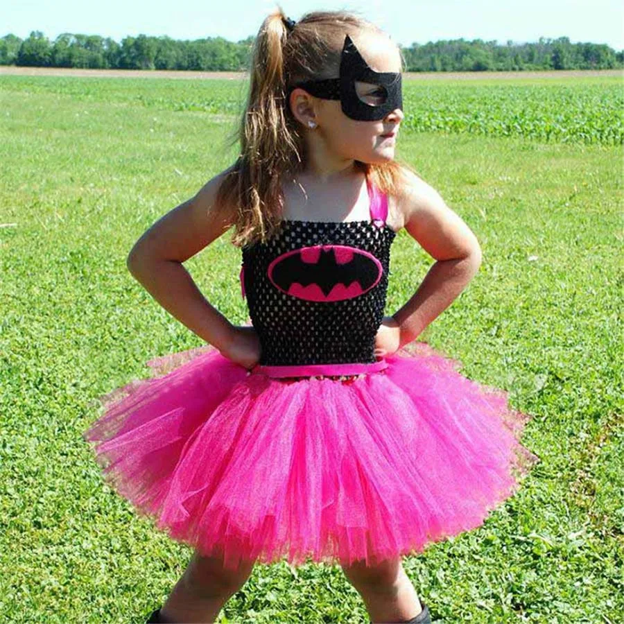 Bat Girl Halloween Costume Girls Hot Pink Tutu Dress with Mask Kids Super Hero Cosplay Fancy Vestidos Baby | Детская одежда и