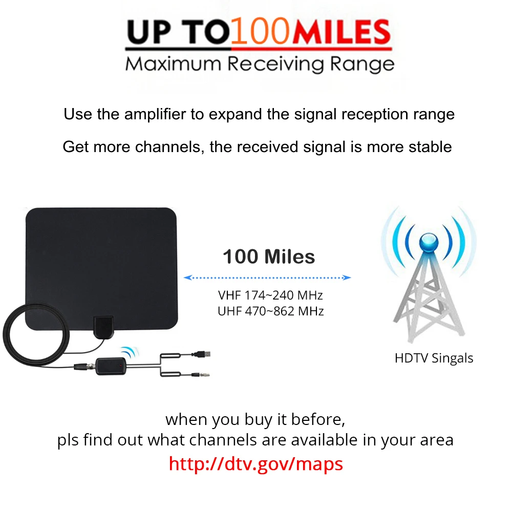 Комнатная ТВ антенна HD радиус цифрового 100 миль телевизионная Fox Surf DVB T ATSC VHF UHF Anten