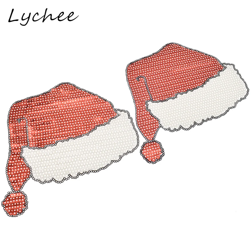 Lychee Cartoon Red Christmas Hat Sequins Patches With Adhesive Iron On Women Children Clothes Bag Sewing Applique | Дом и сад