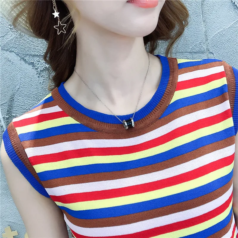Will the new rainbow color stripe vest knitted elastic unlined upper garment of cool and refreshing summer wear | Женская одежда