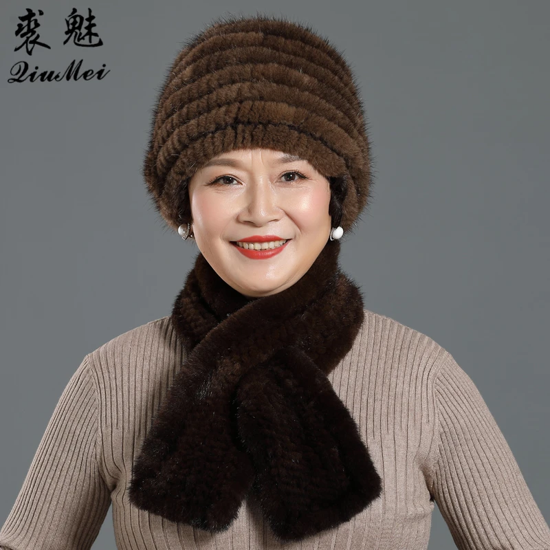 Three Flower Women Winter Knitted Genuine Mink Fur Cap Hats & Knitted Straight Scarves Outdoor Knitted Natural Fur Beanie Scarf