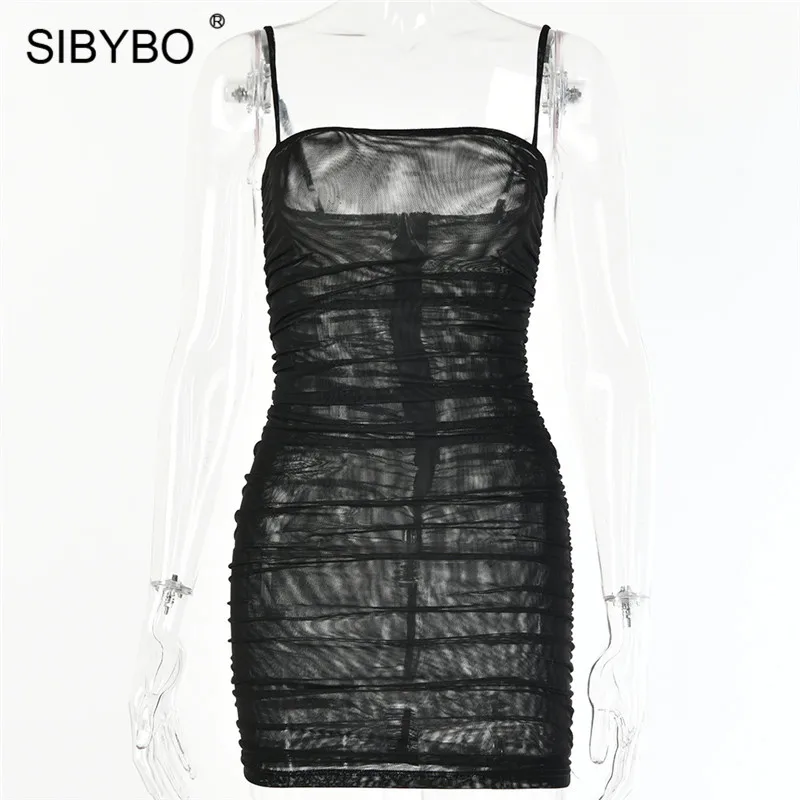 Черный Sibybo, Сетчатое летнее платье без бретелек, женское, без рукавов, на тонких бретелях, сексуальное, мини-платье, с открытой спиной, Пляжное, вечернее платье, короткое - Цвет: Черный