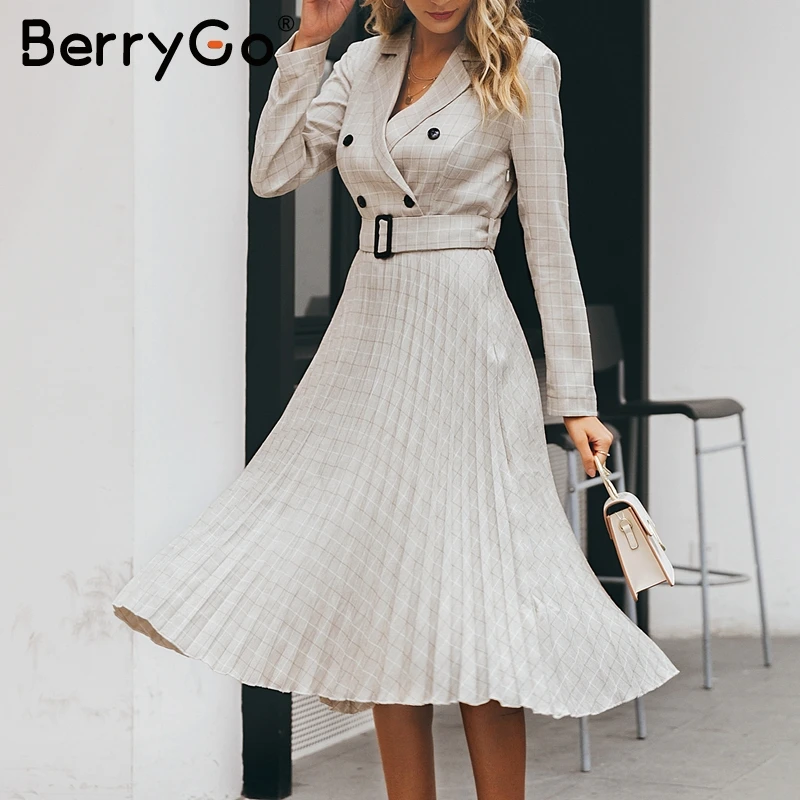 BerryGo элегантный офисный Женский блейзер платья женские Сексуальные Плиссированные клетчатые Длинные платья осенне-зимний халат Высокая талия с поясом женское платье