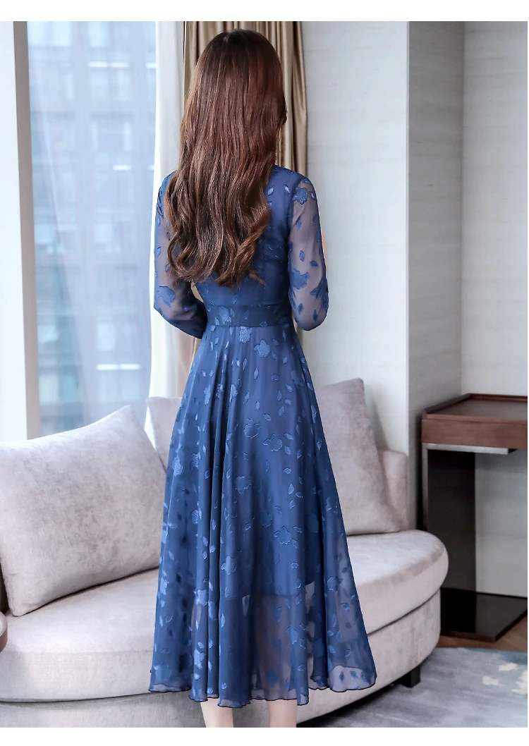 Dingaozlz Vestidos, M-3XL, новинка, отложной воротник, повседневное платье, тонкий длинный рукав, плюс размер, платье,, Осеннее шифоновое платье