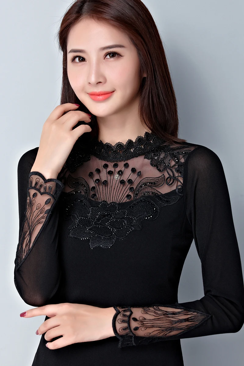 

Women Lace Patchwork Shirt Casual Turtleneck Top Sexy Long Sleeve Black Blouse Ladies Spring Autumn Hollow Elegant Blouses