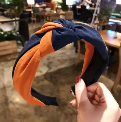 Orange Navy Модная весенне-летняя повязка для волос в клетку для женщин и девочек, повязка на голову в Корейском стиле, элегантные крестообразные аксессуары для волос с орнаментом - Цвет: Orange Navy