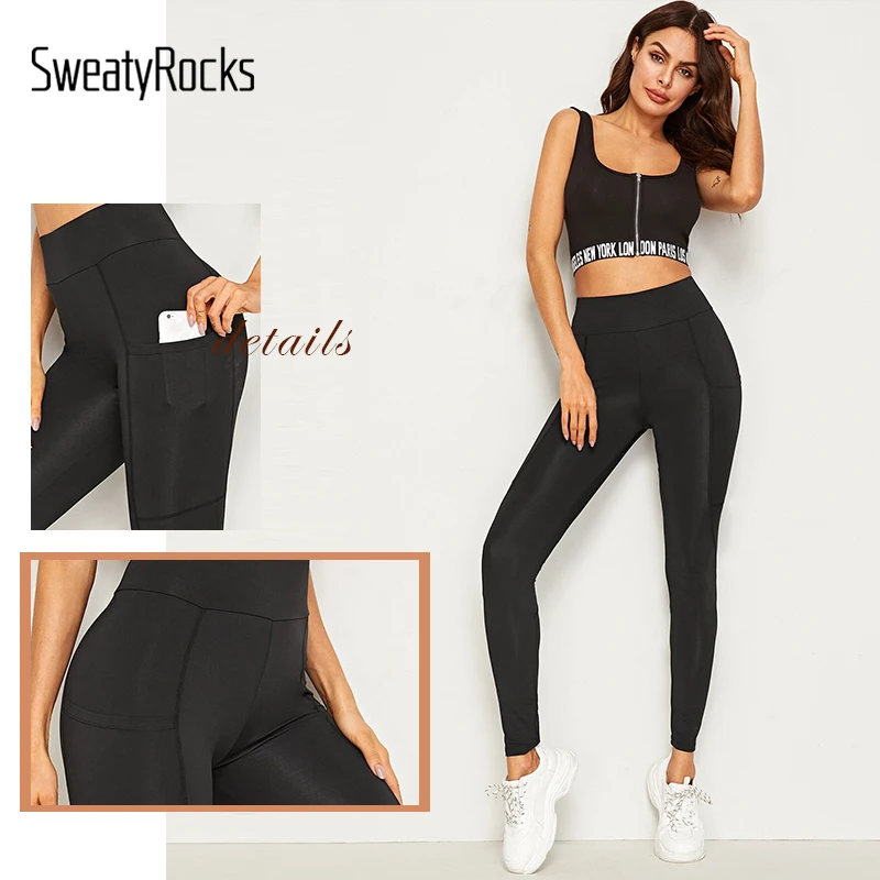 SweatyRocks однотонные леггинсы со швом и широким поясом для активного отдыха женские черные леггинсы для активного отдыха летние леггинсы с карманами по бокам