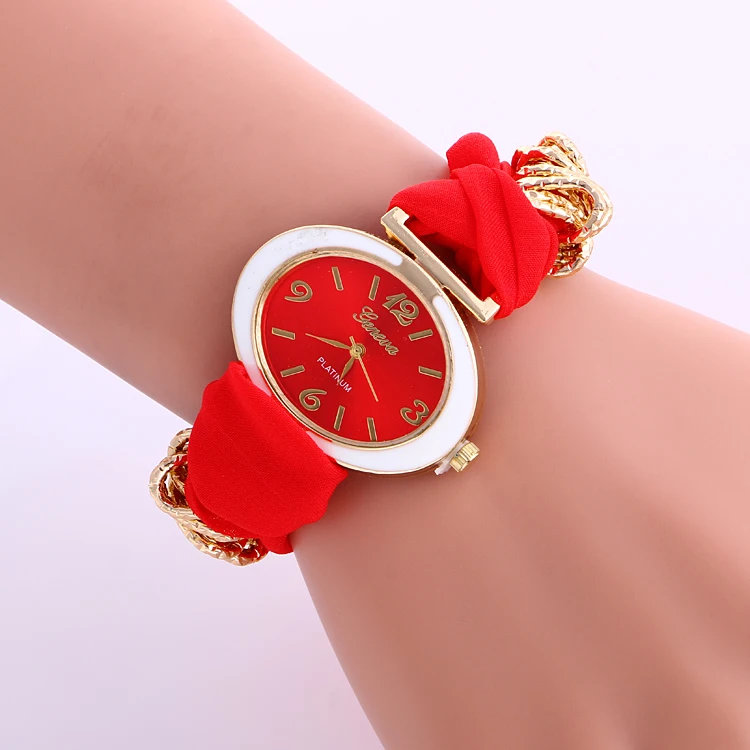 100pcs/lot oval head gold case geneva watch cloth belt fashion ribbon elegance wrap quartz wholesale lady wristwatch | Наручные часы