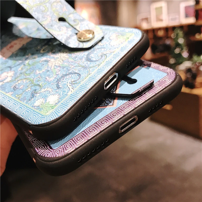 Чехол для телефона iphone XSMAX X XR XS в китайском стиле, Чонсам с цветами, ремешок на запястье, подставка из мягкого ТПУ чехол для iphone 6 6 S 7 8 Plus