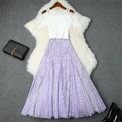 white purple Высококачественная дизайнерская летняя одежда из двух предметов женская модная одежда трикотажный топ с открытыми плечами и кружевная юбка в горошек комплекты - Цвет: white purple