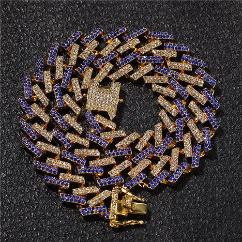 Gold Blue Necklace В стиле «хип-хоп» 15 мм Bling льдом с украшением в виде кристаллов в Кубинском стиле ограненные Стразы Майами Циркон Для мужчин с кулонами браслет для Для мужчин ювелирные изделия 8/16/18/20/24in - Окраска металла: Gold Blue Necklace