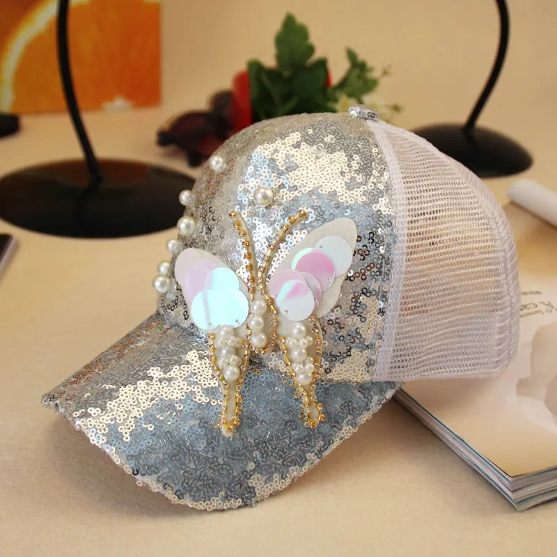Luxury Women Baseball Cap Brand Bling butterfly Pearl Sequins Hip Hop Cap Vintage Snap Back Design Cap Casual Snapback Hat New
