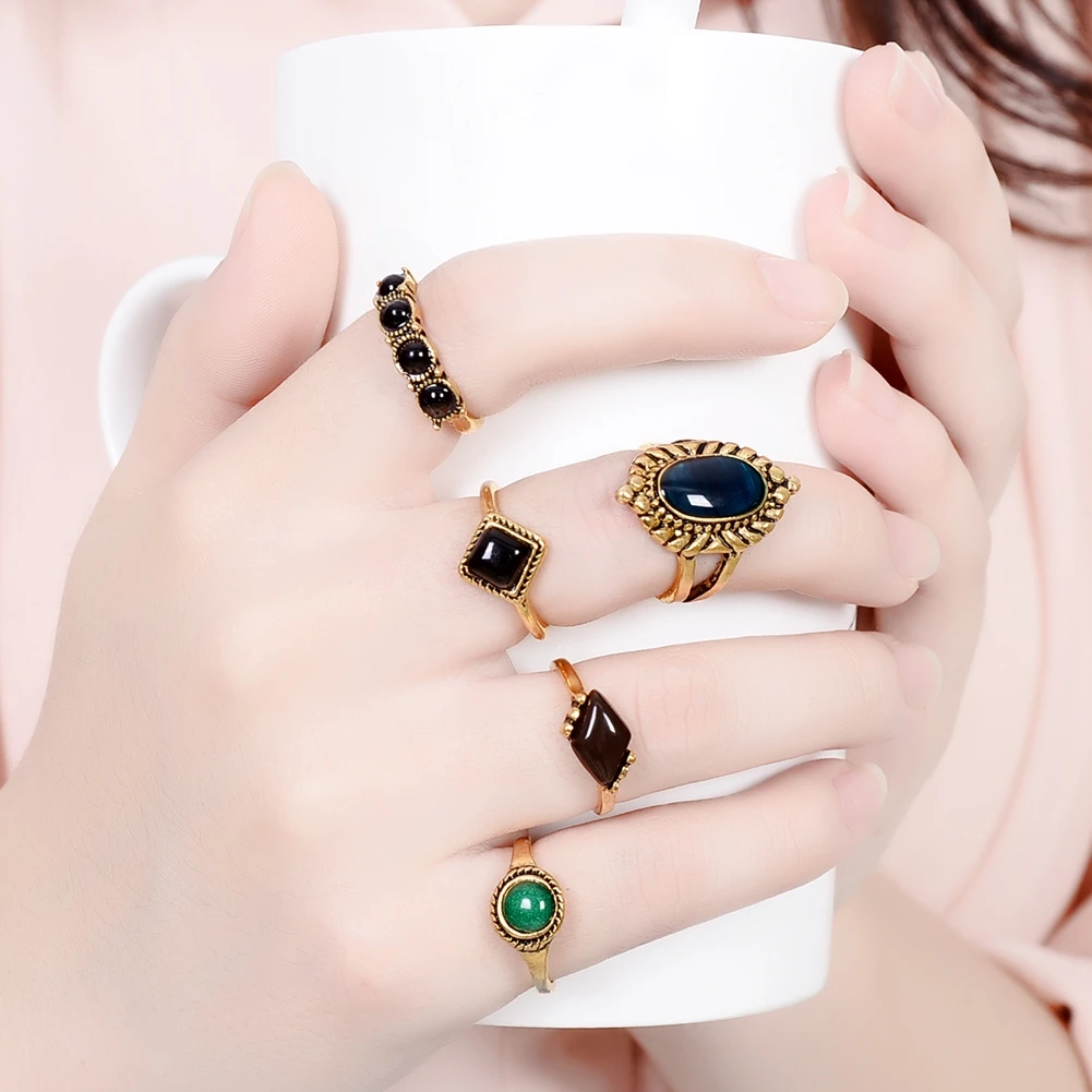 Vintage 5pcs / Set Ring Charm Crystal Stone Rings Geometric Roung Midi Knuckle Simple For Women Gold Color Jewelry | Украшения и