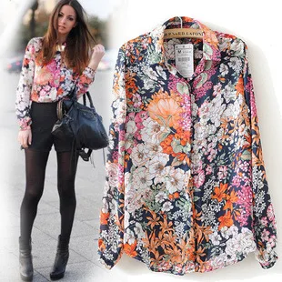 Новый 2016 Весна Лето Урожай Цветочные Печати Рубашка Женщины С Длинным Рукавом
