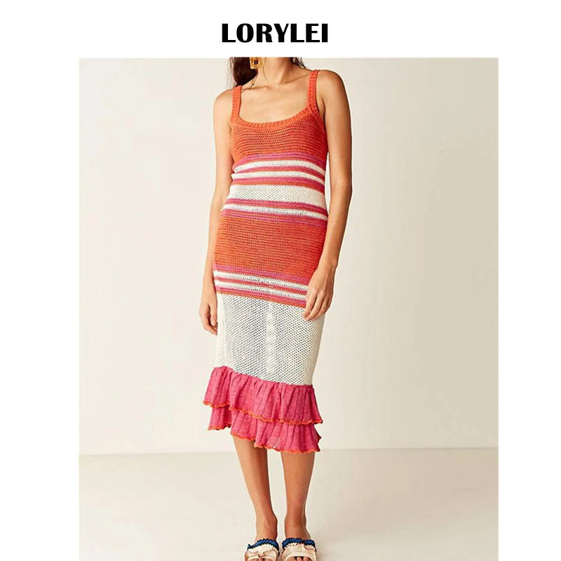 2020 оранжевое Полосатое сексуальное вязанное летнее платье миди без рукавов с