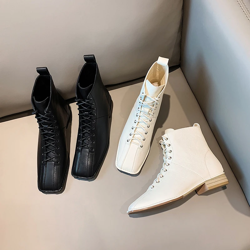 Женские ботинки из коровьей кожи ISNOM ботильоны на шнуровке с квадратным носком