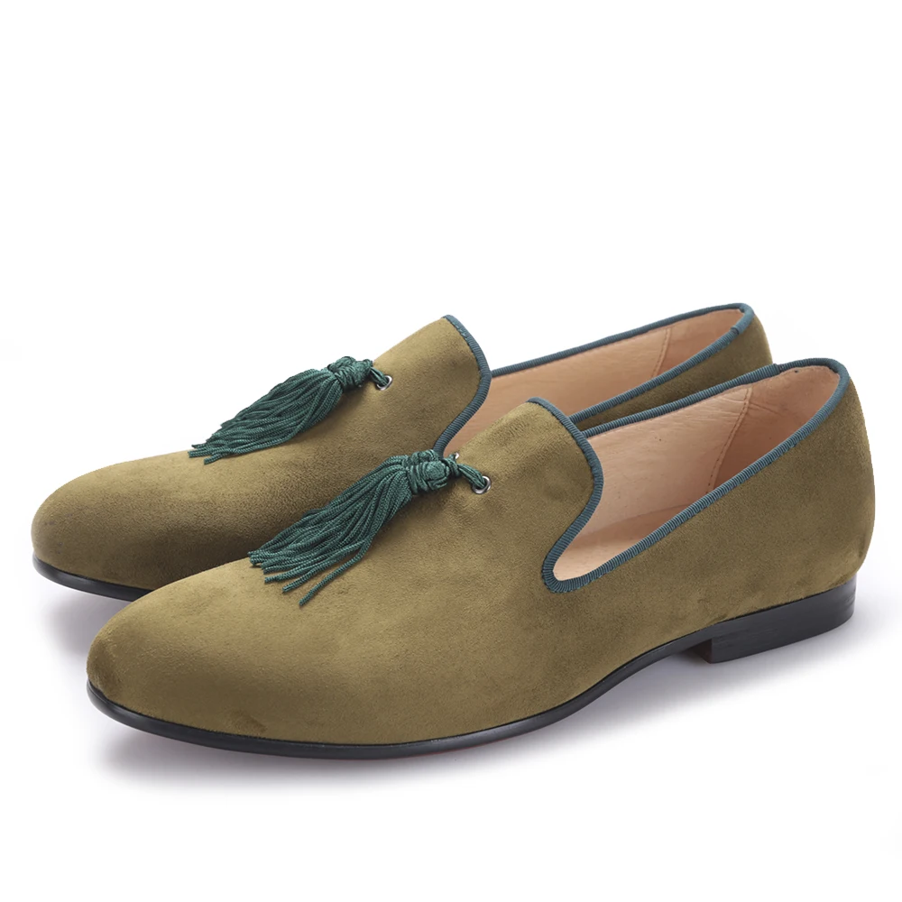 2017 г. мужские двухцветные бархатные туфли с новой стильной зеленой бахромой