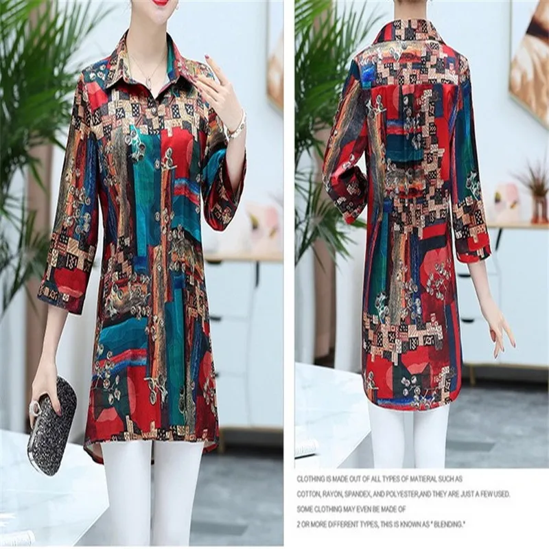 

2019 midlife shirt women summer mid-sleeve lapel shirt medium length seven-point sleeve flower shirt XL-5XL multi-color