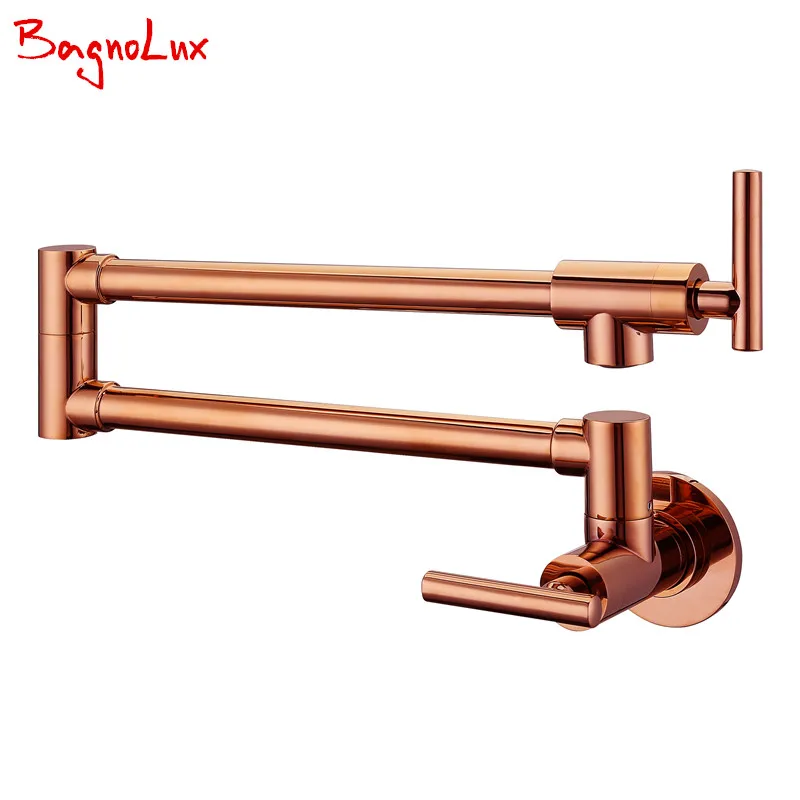 

Bagnolux Wholesale Solid Brass Kitchen Wall Mount Pot Filler Faucet Swivel Spout Cold Water Only With Dual Swing Rose Gold Tap