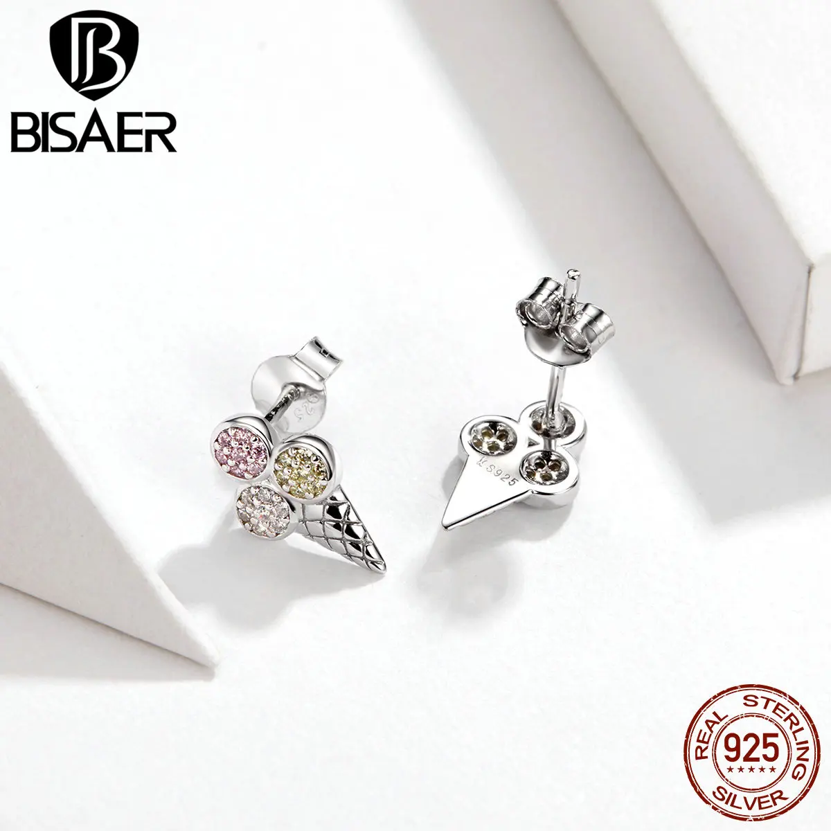 BISAER, 925 пробы мороженого, серебряные, хит лета, мороженое, изысканные маленькие серьги-гвоздики для женщин, ювелирные изделия, ECE642
