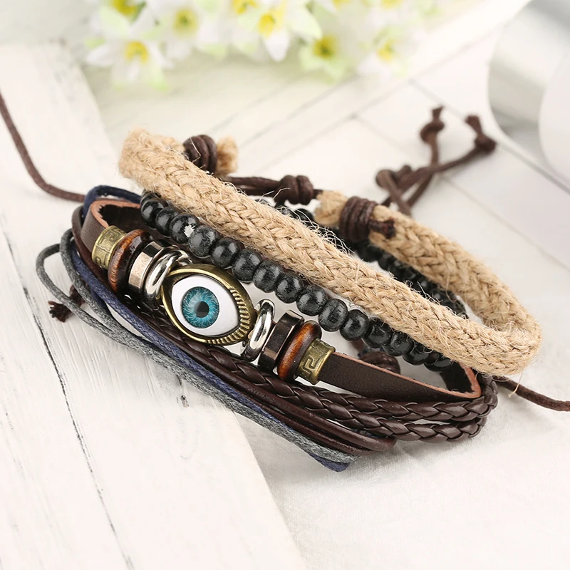 Богемия Стиль 1 компл. 4 шт. кожаные женские браслеты глаз/перо многослойная