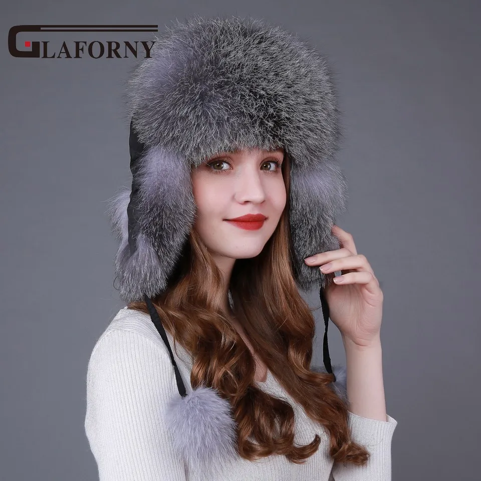 Шапки Glaforny 2017 из натурального меха лисы с ушками женские зимние теплые шапки