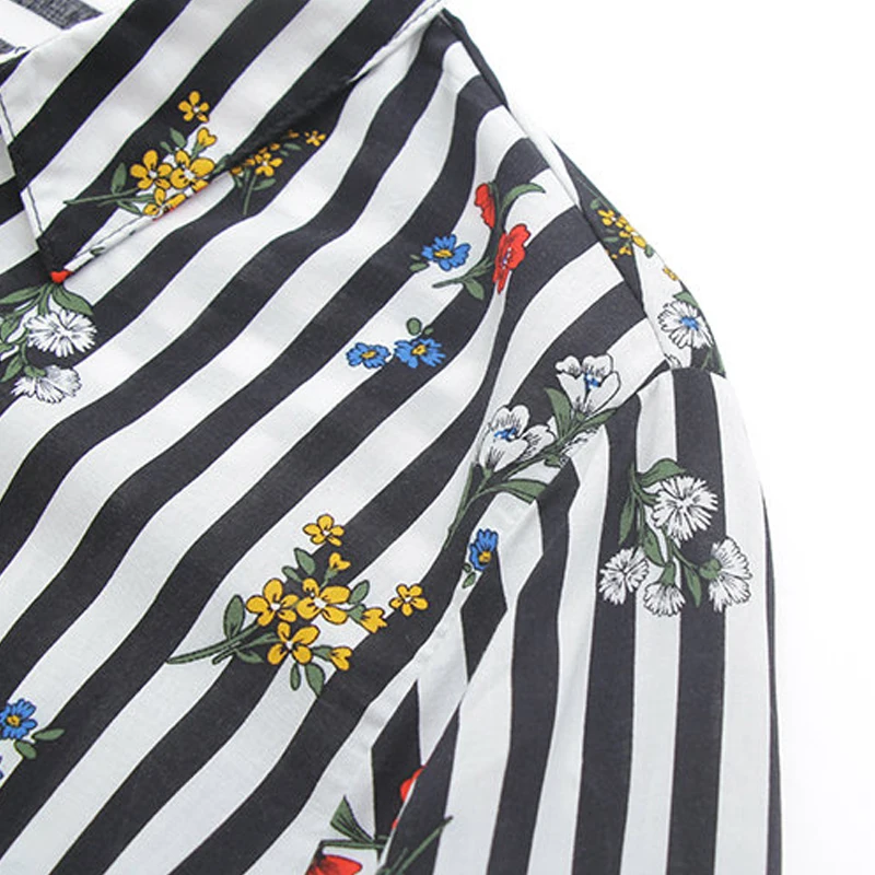 LINSHOW Полосатый Цветочный Печатных Черная Женщина Блузка С Длинным Рукавом