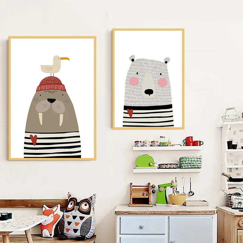 Nursery Canvas Poster Cartoon Animal Print Seal Bear Wall Art Painting Nordic Kids Decoration Picture Baby Bedroom Decor | Дом и сад