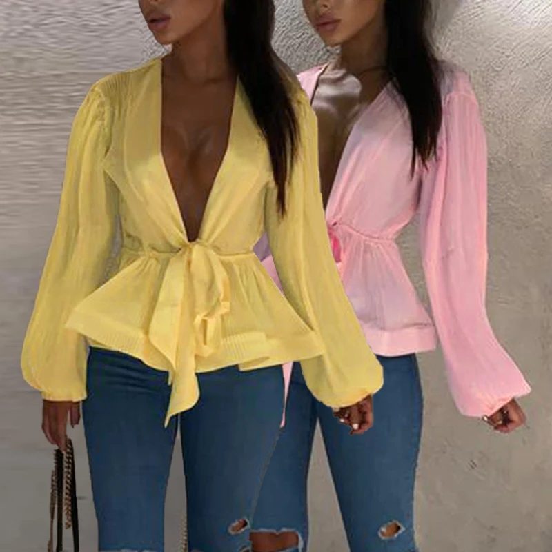 2019 New Women Sexy Deep V-Neck Lace-Up Lantern Sleeve Florescence Summer Beach Tops Shirts |