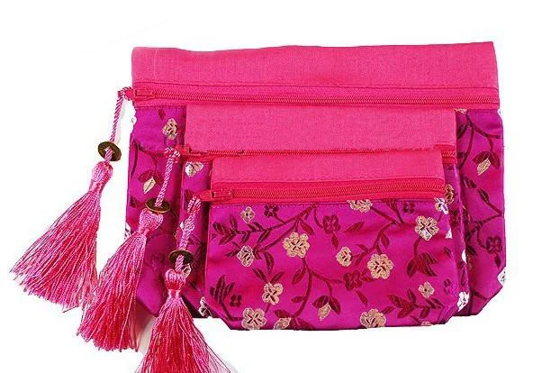 Silk Brocade Large Zipper 3 Sets Bag Travel Jewelry Cosmetic Storage Pouch Tassel Coin Purse Cloth Craft Packaging Makeup Wallet | Украшения
