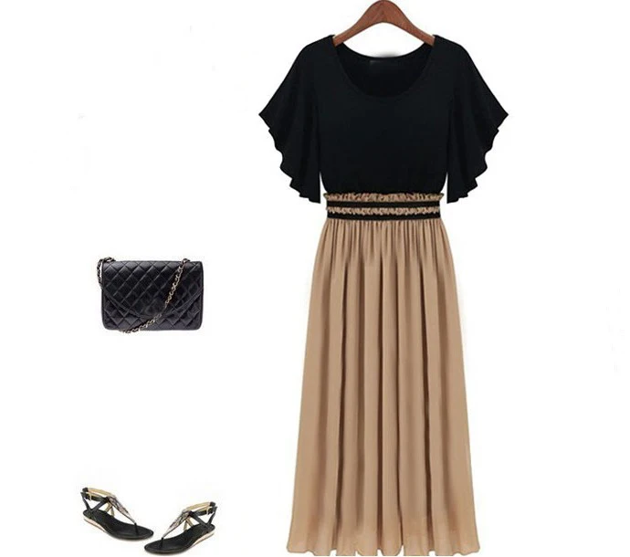 Для женщин Элегантный Лепесток рукавом Лоскутная тонкие платье лодыжки Длина