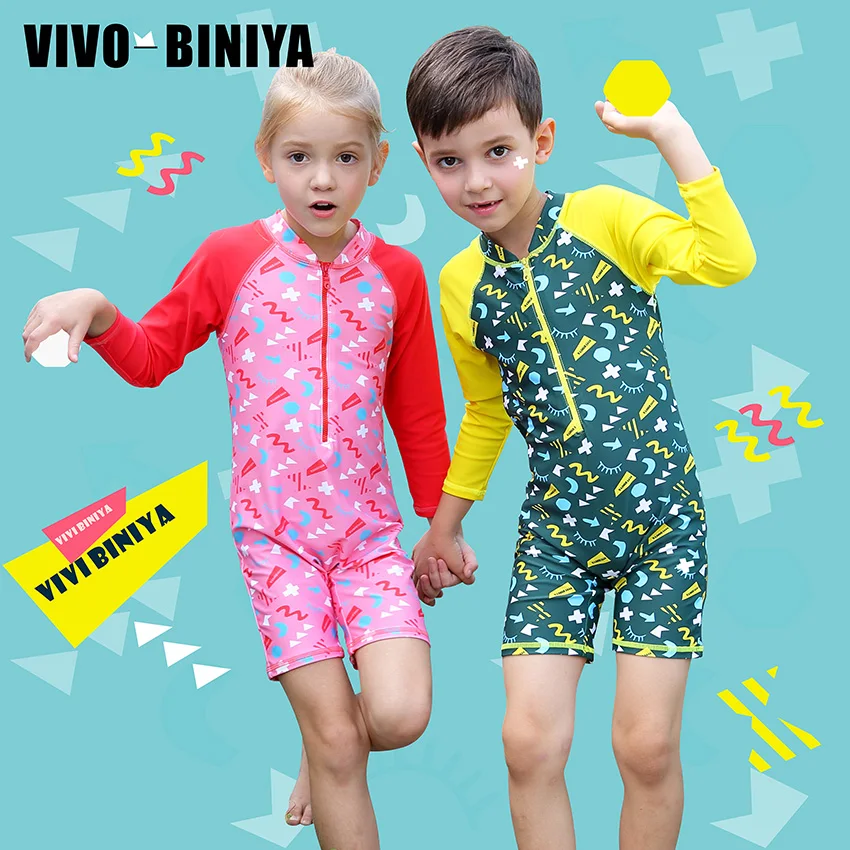 Детский цельный купальный костюм с длинными рукавами и короткими на молнии