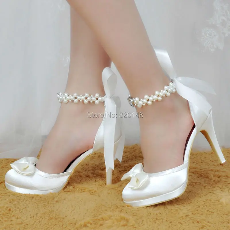 Ivory White Women Bridal Wedding Shoes Bride Ankle Strap High Heels Platform Woman Ladies Satin Dress Pumps Closed Toe | Обувь
