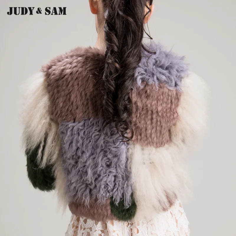 Женское пальто с длинными рукавами из натурального овечьего меха цветной в виде