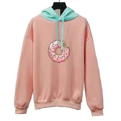 pink Толстовки женские Kawaii Милые Пончики печати свободные с капюшоном Девушки уличная Harajuku sudaderas mujer флисовые толстовки, пуловеры, повседневный стиль - Цвет: pink
