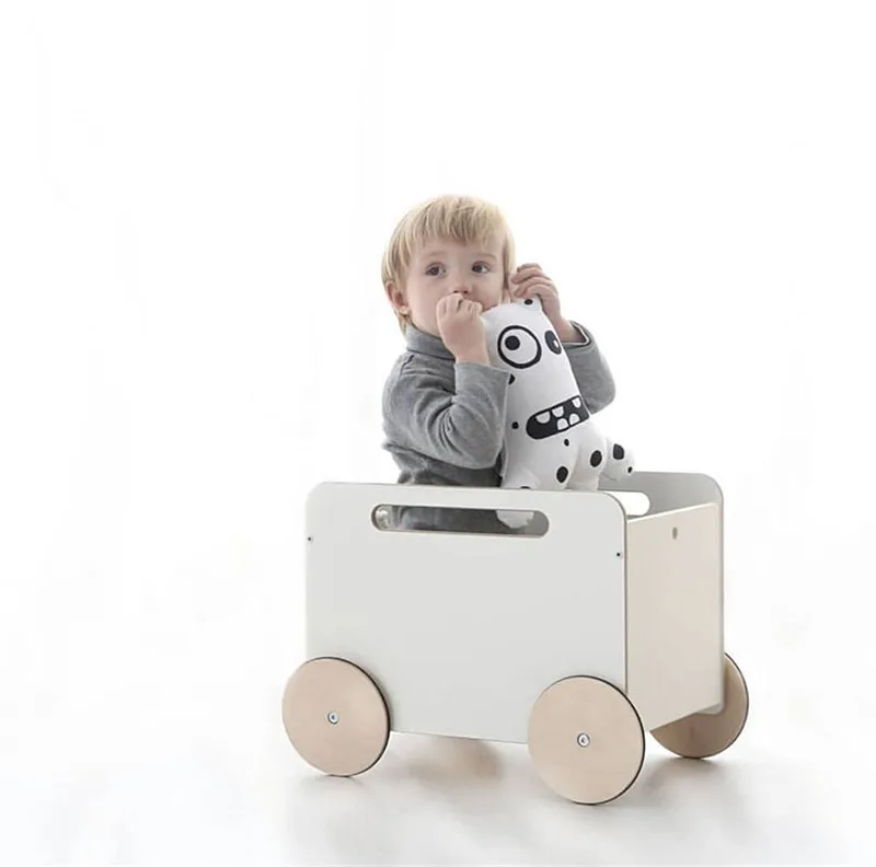 White storage cart Реквизит для фотосъемки Recien Nacido INS в скандинавском стиле детская комната игрушка деревянная корзина ручной ролик кукла тележка для маленьких девочек реквизит для фотосъемки - Цвет: White storage cart