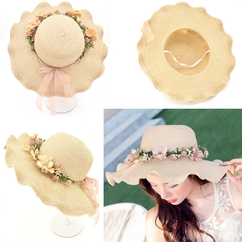 

Straw Sun Hats For Women Girls Cap Anti-UV Beach Summer Floppy Cap For Ladies Flower Straw Hat With A Wide Brim