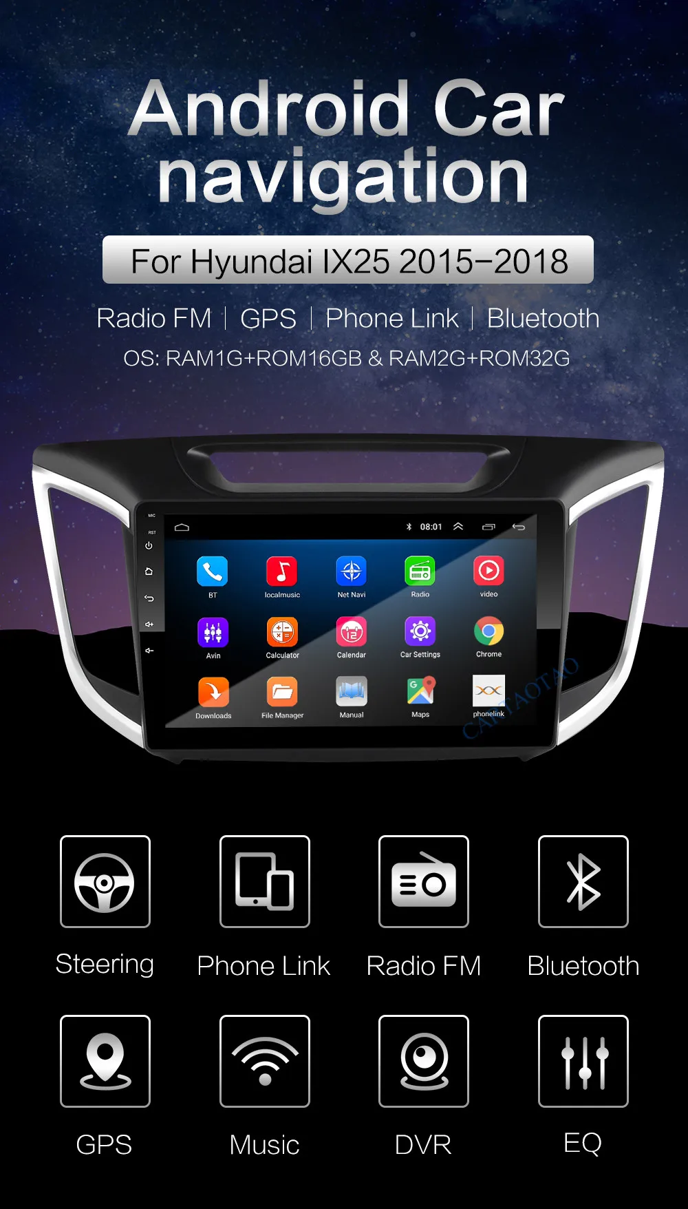 2 din Android 8.1 car DVD multimedia player for Hyundai Creta ix25 Car radio GPS navigation Bluetooth player