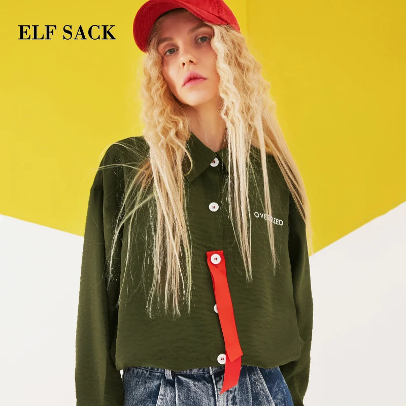 ELFSACK Стильная летняя женская хлопковая уличная Однотонная рубашка с вышивкой Harajuku корейский стиль Ins Модные женские рубашки