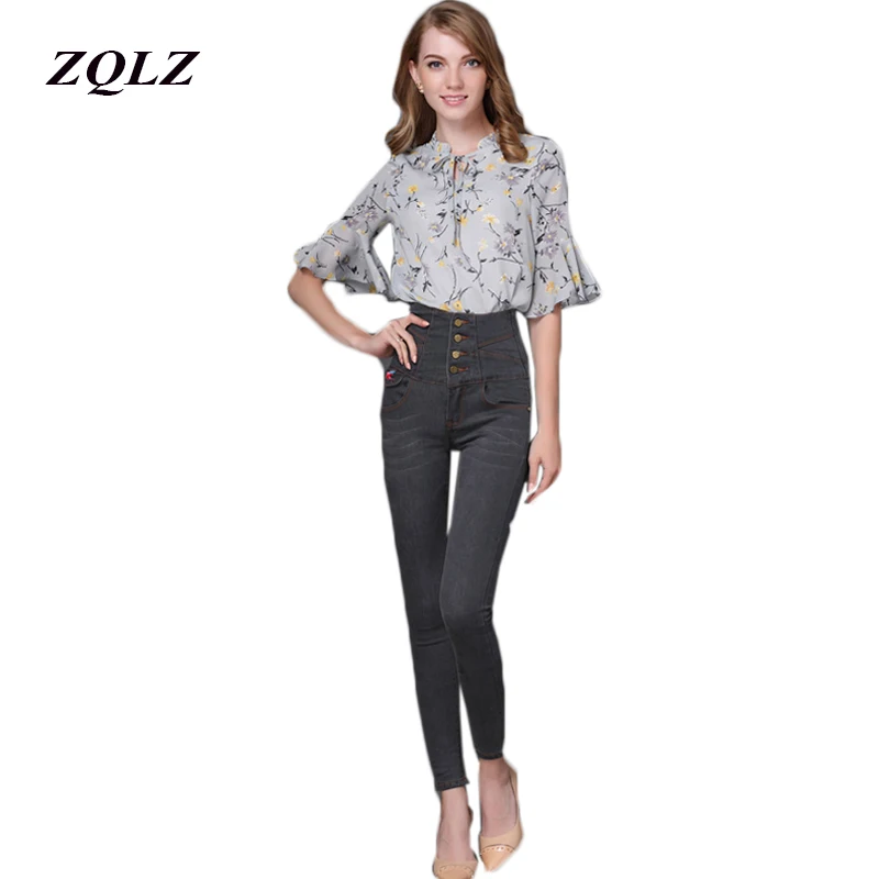 ZQLZ Embroidery Plus Size S-6xl Jeans Woman 2018 High Waist Black Pencil Denim Pants Women Skinny Washed Ruched Trousers Femme |