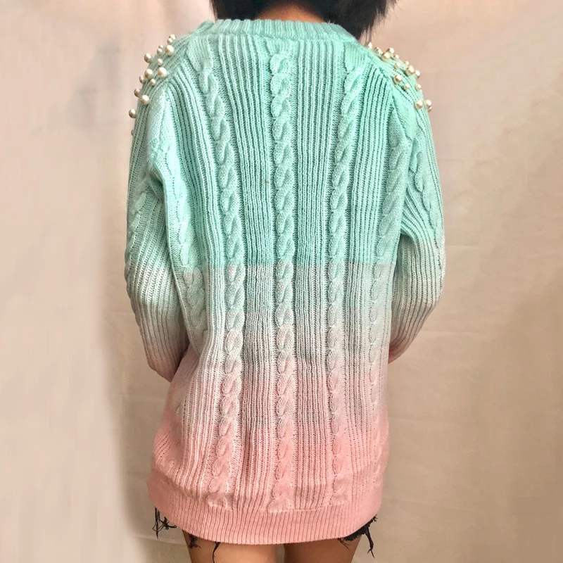 Длинные свитера с градиентным жемчугом для женщин Ulzzang Harajuku пуловер бусинами