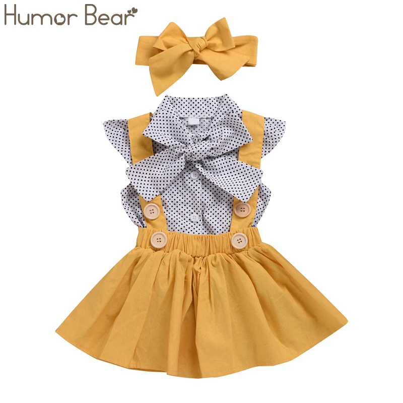Humor Bear/комплекты одежды для маленьких девочек, летний топ в горошек с рукавами-крылышками+ платье на бретелях+ повязка на голову, комплект детской одежды из 3 предметов